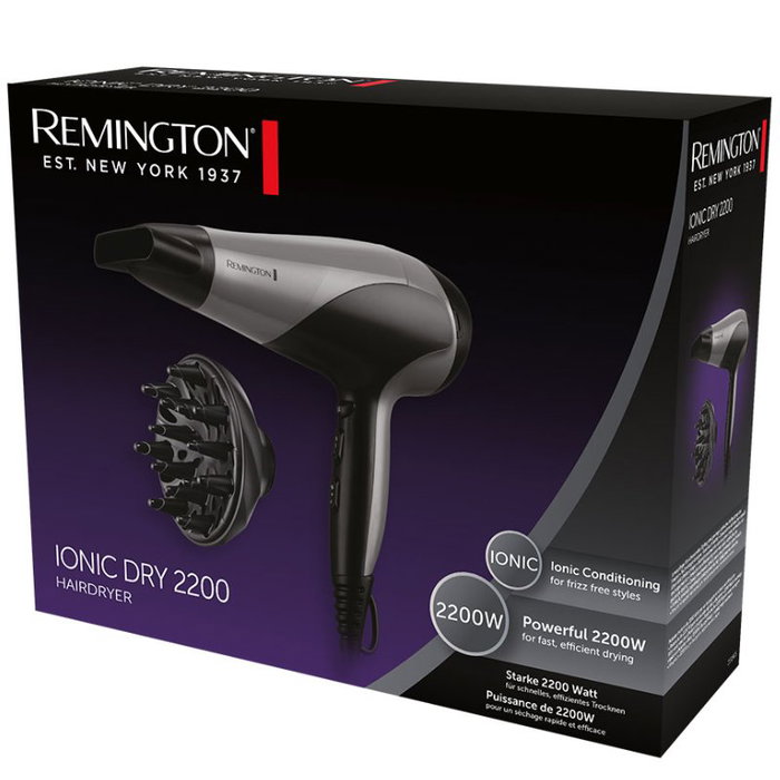 Remington D3190S Ionic Dry 2200 W con difusor, Negro y Plata